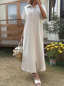 DAZY 女士休闲度假通勤简约纯色单排扣长衬衫，夏季 - 白色 - 查看 3