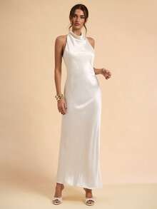 SHEIN BAE Women's White Satin Backless Elegant Mermaid Hem Dress, Graceful Formal Dress, Holiday Dress, Bridesmaid Dress, Birthday Party Dress, Graduation Dress - White - View 3