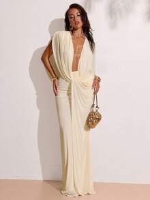 SHEIN BAE 女士休闲度假深V领长款连衣裙，适合婚礼季、派对、朋友聚会和约会。 - 奶油色 - 查看 4