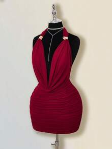 SHEIN ICON Đầm ngắn gợi cảm cổ chữ V khoét sâu, lưng hở, đính kim loại, dành cho nữ, thanh lịch cho buổi tối đi chơi hoặc kỳ nghỉ hè. - Đỏ - Xem 3