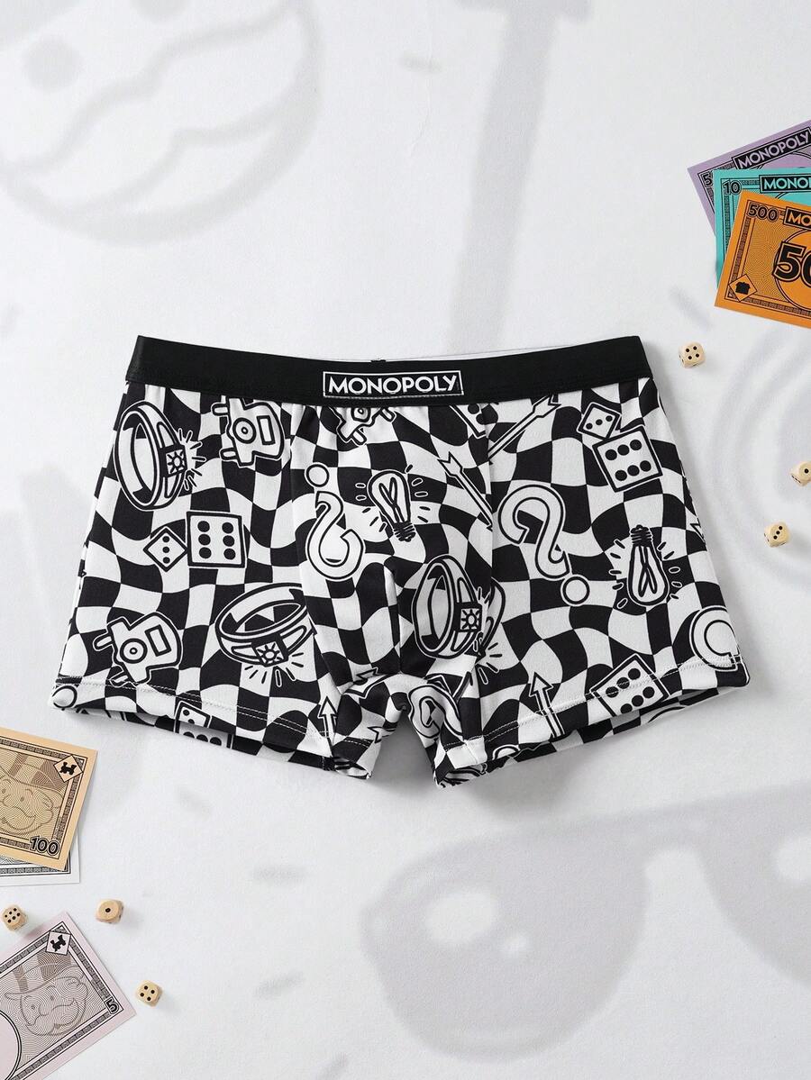 MONOPOLY X SHEIN Calzoncillos tipo bóxer con estampado de cuadros para niño preadolescente - Negro - Ver 1