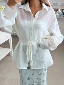 DAZY Women's Turndown Collar Long Sleeve Semi-Sheer Cinched Waist Loose Vacation Blouse - White - View 6