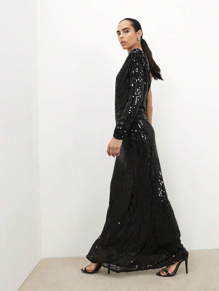 KSTM ワンショルダー ブラック スパンコール マキシドレス イブニング フォーマルガウン ロングスリーブ パーティー ウェディングゲストドレス