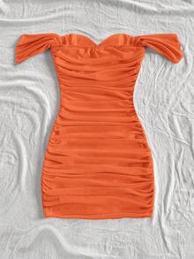 Soleia Vacation Knit Mesh Strapless Off-Shoulder Bodycon Dress For Women - Burnt Orange - View 2