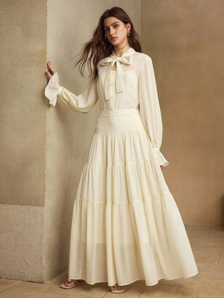 SOLID HIGH WAIST TIERED HEM MAXI SKIRT