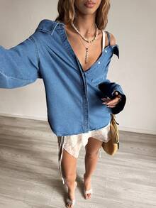 Sunnyshic Women's Casual Daily Front Button Pocket Denim Blouse - Light Wash - View 4