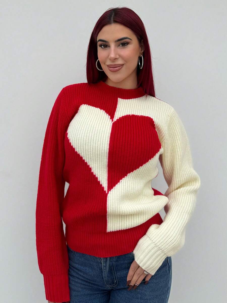 Bearsaez Women's Valentine's Day Colorblock Heart Pattern Sweater Knit Pullover Fall Winter - Red - View 1
