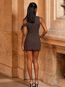 Mima John Women's Summer New Classic Retro Polka Dot Asymmetrical Off-Shoulder Sexy Elegant Vacation Mini Dress, Mesh Polka Dot Dress, Asymmetrical Neckline Dress, Spring/Summer Clothing, Beachwear, Elegant, Sexy, Vacation, Beach, Hawaiian, Dating, Party, Music Festival, Graduation Dress, Prom Dress/Brown Dress Polka Dot Dress Women Dresses For Women Elegant Women Mini Dresses - Multicolor - View 3