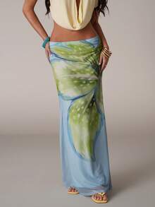 SHEIN BAE 女士休闲度假印花梭织宽松腰部褶皱连衣裙，适合休闲度假、海滩度假、朋友聚会、休闲外出、花卉网纱裙、音乐节、乡村音乐节、印花裙、波西米亚风度假裙、图案A字裙 - 藍色 - 查看 3