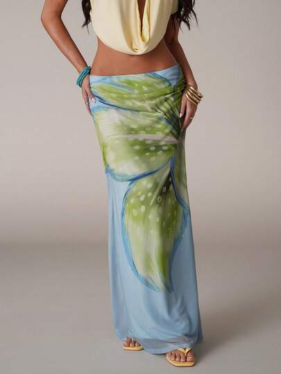 SHEIN BAE Women's Casual Vacation Floral Print Woven Loose Waist Ruched Dress, Suitable For Casual Vacation, Beach Vacation, Outing With Friends, Casual Outing, Floral Mesh Skirt, Music Festival, Country Music Festival, Printed Skirt, Bohemian Vacation Skirt, Patterned A-Line Skirt