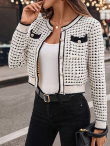 Solivie Áo len cardigan cổ tròn tay dài màu tương phản vừa vặn cho nữ, áo khoác cài nút phía trước, áo len cardigan mùa thu cho nữ, áo cardigan cài nút mùa thu cho nữ, áo dài tay - Đen và trắng - Xem 11