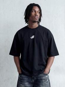ROMWE MEN Essentials Men's Loose Raglan Patchwork Short T-Shirt, Retro Street Style - Black - View 7