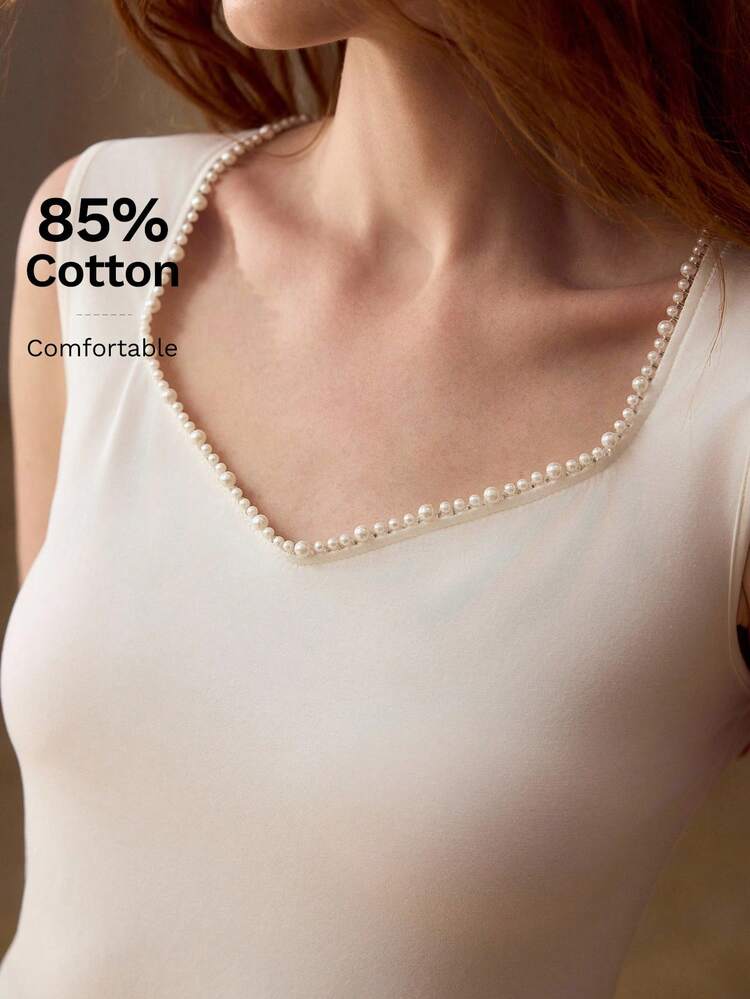 COTTON SWEETHEART NECK KNIT TANK TOP WITH FAUX PEARL DECOR, SPRING/SUMMER