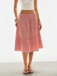 Poéselle 女士格纹层叠中长裙 – 红色格纹 A 字荷叶边下摆野餐风下装，打造田园风夏季造型。格纹裙、层叠中长裙、红色格纹裙、田园风穿搭、野餐风时尚、夏季 A 字裙、格子简约休闲裙、夏季裙装、沙滩装、红色裙装、野餐装、乡村风裙装、女士夏季裙装、格子裙、格子裙、女士裙装、夏季野餐裙、红色格纹裙、女士休闲裙、女士裙装。 - 紅色 - 查看 2