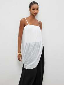 MAIJA Summer Elegant Solid Satin Cowl Neck Slip Cami Top - White - View 6