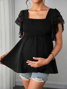 Momance 孕妇方领网纱拼接优雅上衣 - 黑色 - 查看 8