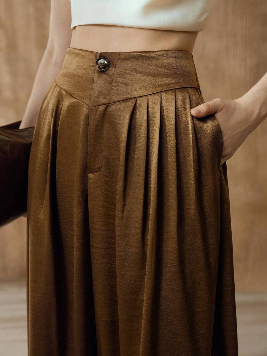 Arave Women's High Waist Loose Fit Acetate Satin Pleated Relaxed Elastic Waist Daily Commute Pants - Coffee Brown - View 1