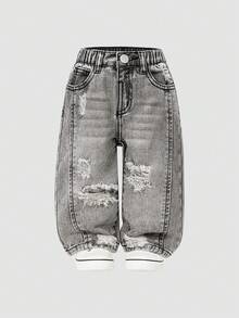 SHEIN Baby Girls' All-Match Minimalist Distressed Washed Straight Leg Jeans - Light Grey - View 3