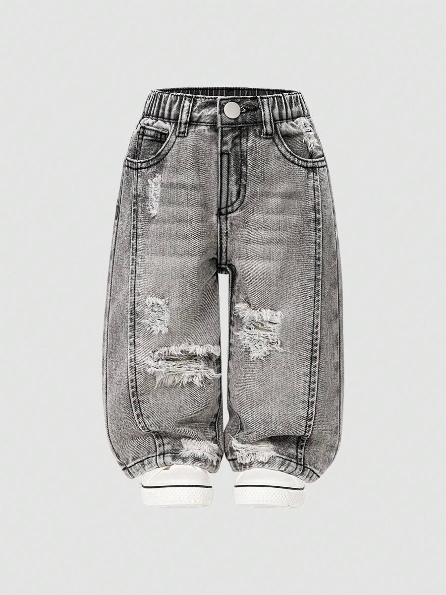 SHEIN Baby Girls' All-Match Minimalist Distressed Washed Straight Leg Jeans - Light Grey - View 1