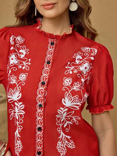 Hansera Women's Vintage Floral Print Puff Sleeve Frill Collar Top, Summer Fashion Resort Style