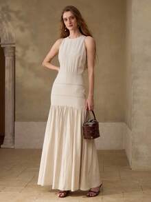 MOTF PREMIUM WOMEN'S 100% LINEN ROUND NECK SLEEVELESS MID-LENGTH CASUAL/DATE DRESS, SPRING/SUMMER - Apricot - View 5