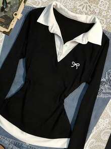 Franclia Áo thun dài tay phối màu dáng rộng, kiểu 2 trong 1, cỡ lớn. - màu đen - Xem 4