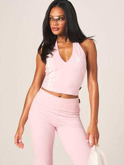 Missguided x Playboy Women's Pink Halter Neck V-Neck Camisole Tank Top Sleeveless Summer Casual Streetwear Fashion Top