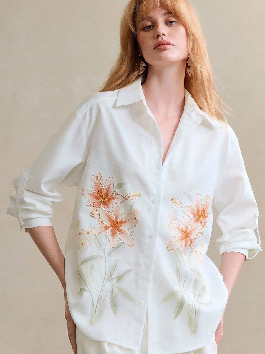 Arave Women's Lily Floral Print Blouse,Orange And White Elegant Long Sleeve Lapel Collar Loose Fit Top,Retro Country Style Autumn Tea Party Casual Shirt - White - View 1