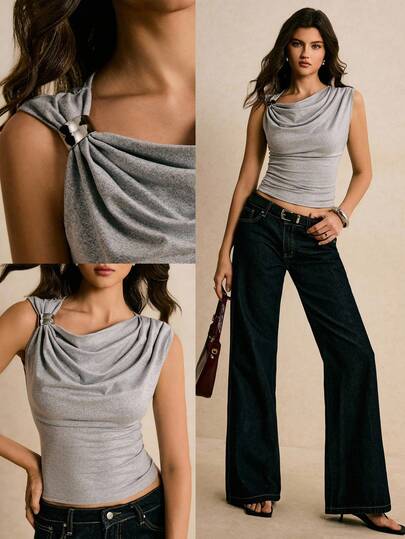 Poéselle Casual Versatile Grey Scoop Neck Sleeveless Tank Top, Summer,Elegant Draped Sleeveless Bodycon Top For Women, Grey Statement Shoulder Shirt With Metal Ring Detail, Soft Stretch Summer Top,French-Style Top