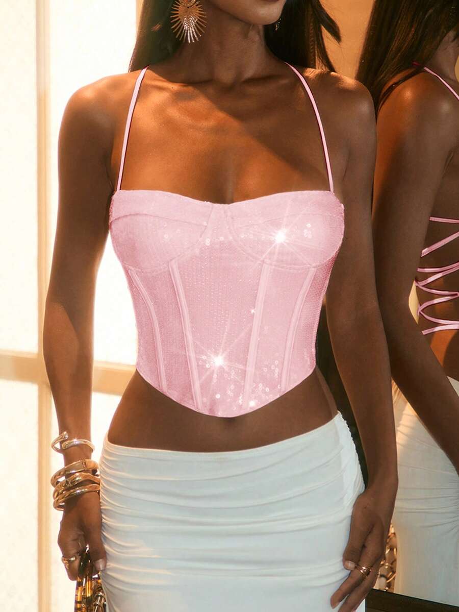 Opulessa Áo hai dây hở lưng ôm sát, màu trơn, đính hạt cườm, thích hợp cho kỳ nghỉ xuân/hè. - Màu Hồng baby - Xem 1