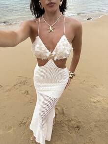 Opulessa Women's Hollow-Out Knit Dress, Suitable For Spring/Summer Vacation - Apricot - View 1