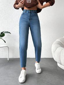 SHEIN Cottnline 女日常休閒九分牛仔褲 - 中等水洗藍 - 查看 3