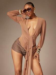 Denimoi Women's Asymmetrical Design Sexy Deep V-Neck Mesh Blouse - Brown - View 5