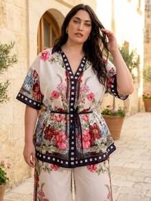 ELLERISSA 大码曲线两件套女装，复古印花V领短袖系带上衣搭配阔腿裤，优雅春夏度假休闲装，大码两件套女装，波西米亚风印花套装 - 彩色 - 查看 3