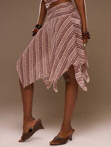 MUSERA 纹理条纹拼接腰部尖角下摆不对称中长裙，春夏度假海滩优雅伊比沙岛节日塔吉锅 - 彩色 - 查看 4