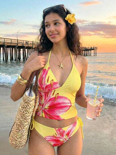 SHEIN 少女黄色碎花吊带比基尼两件套泳衣，适合海滩度假、春夏穿着