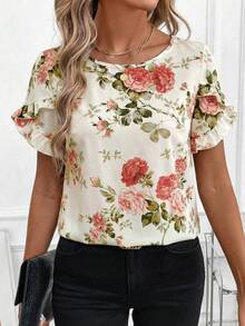 SHEIN Clasi 女士浪漫优雅印花荷叶边花瓣袖衬衫，适合夏季度假 - 彩色 - 查看 9
