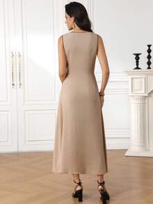 女士休闲通勤撞色无袖连衣裙，夏季 - 卡其色 - 查看 2