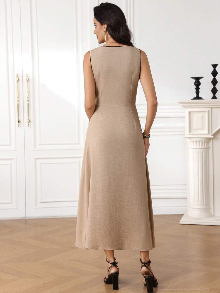 Elegant Beige Midi Dress For Women – Sleeveless V-Neck Wrap Dress With Button Detail, Perfect For Summer & Spring, Ideal For Wedding Guest, Party, Graduation, Formal Office, Going Out,Vacation Dress,Work Outfits For Women,Summer Outfits For Women