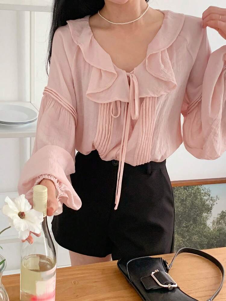 Women's V-Neck Ruffle Trim Fitted Pink Blouse