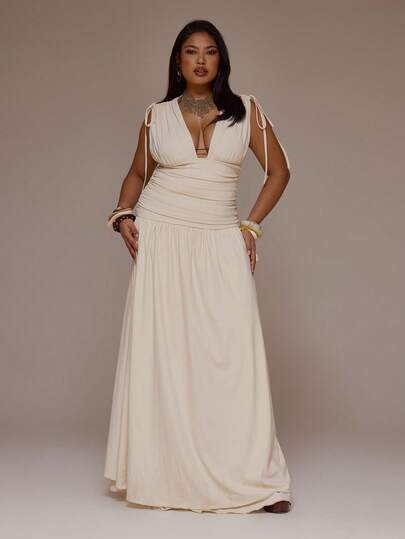 MUSERA Vestido maxi de talla grande con detalle de panel fruncido y escote en pico, de corte holgado, para primavera y verano, ideal para vacaciones, playa, elegante, festivales de Ibiza y vacaciones