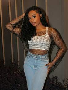 Steph T 透明鱼网金属上衣，女士派对透明落肩圆领常规版型黑色纯色女式上衣，春夏，派对/夜总会服装 - 黑色 - 查看 5