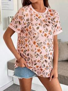 SHEIN Áo thun ngắn tay cổ tròn in hoa toàn thân dành cho bà bầu, kiểu dáng thường ngày, đa năng. - Hồng - Xem 5