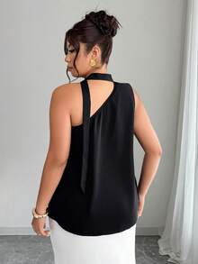 Elenzga Blusa asimétrica de hombro con decoración de perlas en corte evasé, talla grande para primavera/verano - Negro - Ver 2
