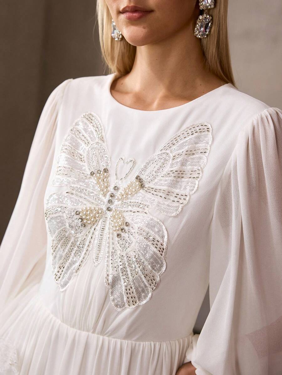 MOTF Soiréza WOMEN'S NEW WHITE CHIFFON LONG SLEEVE ELASTIC WAIST LONG FORMAL PROM DRESS, HIGH-END BANQUET RUNWAY EVENING GOWN - White - View 1