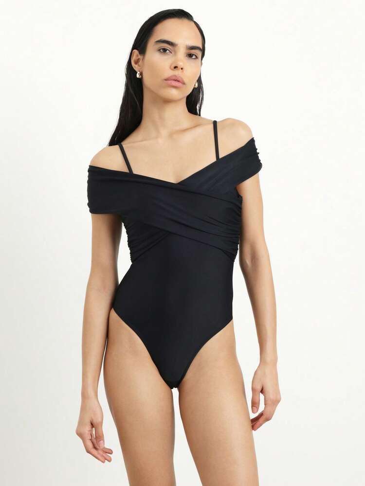 KSTM Women's Off Shoulder Cross Draped One Piece Swimsuit With Spaghetti Straps For Beach Pool Summer Vacation Bathing Suit