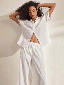 Ocili 100%纯棉金色条纹天然舒适无弹提花梭织面料女士长袖长裤睡衣套装 - 白色 - 查看 5