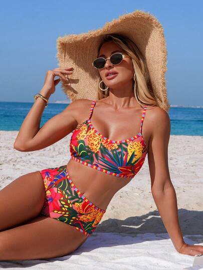 Swim Vcay Women's Summer Holiday Beach Floral Print Bikini Swimsuit Set,Camisole Top And High-Waisted Bikini Bottoms, Beach Outfit For Women, Bathing Suits For Women Tropical, Tropical Two Piece Set