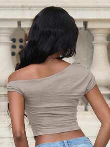 Mima John Women's Solid Color Ruched Asymmetrical Asymmetrical Neck Summer Top - Grey - View 2