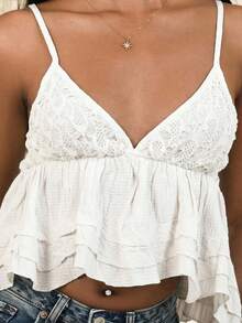 Mima John Summer Casual White Women Lace Panel Ruffle Hem Camisole Top - White - View 3